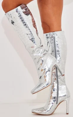 PrettyLittleThing High Heels*PU Croc Square Toe Flat High Heeled Knee Boots