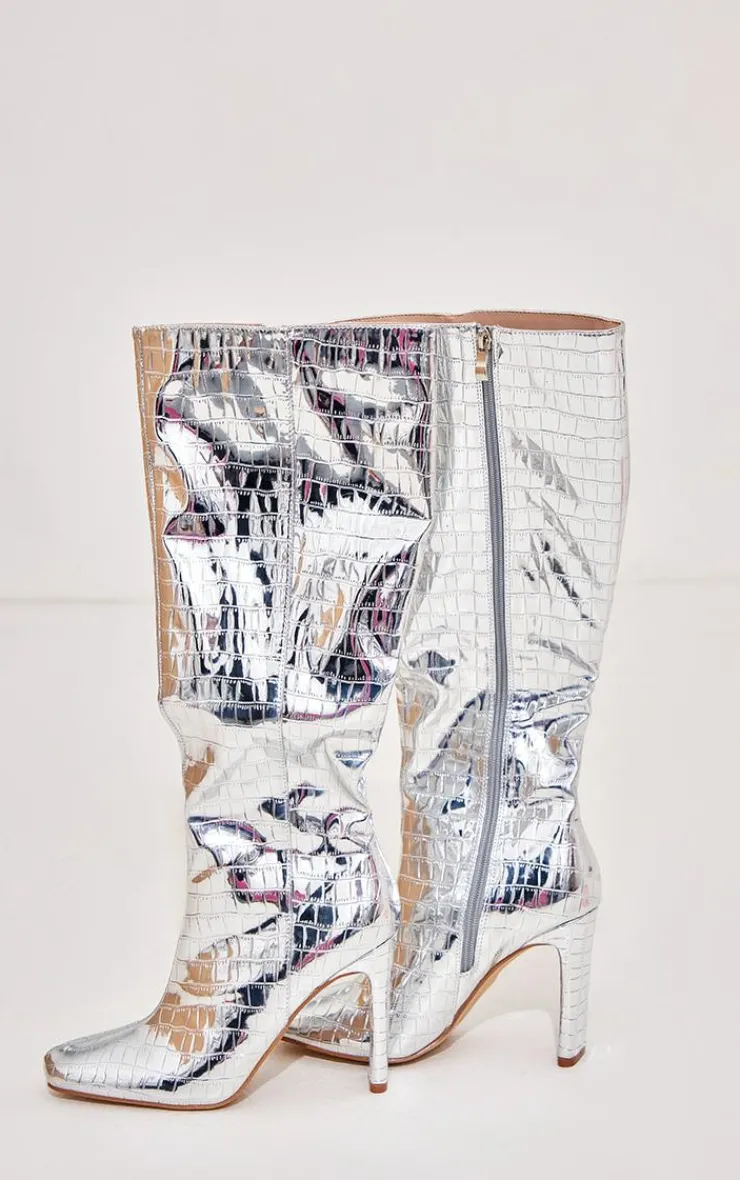 PrettyLittleThing High Heels*PU Croc Square Toe Flat High Heeled Knee Boots