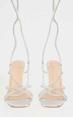 PrettyLittleThing Heeled Sandals*PU Diamante Cross Strap Lace Up Clear High Block Heeled Sandals