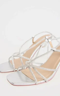 PrettyLittleThing Heeled Sandals*PU Diamante Cross Strap Lace Up Clear High Block Heeled Sandals