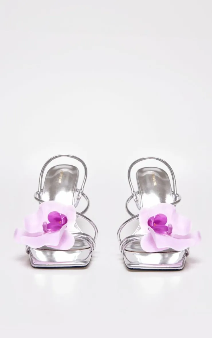 PrettyLittleThing High Heels*PU Pink Flower Strappy Sling Back Heeled Sandals