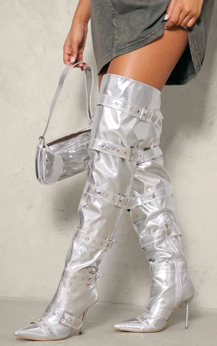 PrettyLittleThing Statement Heels*Pu Point Toe Buckled Over The Knee Heeled Boots