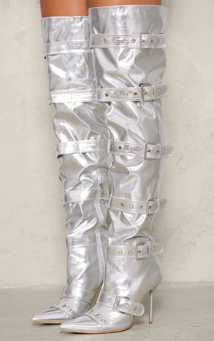 PrettyLittleThing Statement Heels*Pu Point Toe Buckled Over The Knee Heeled Boots