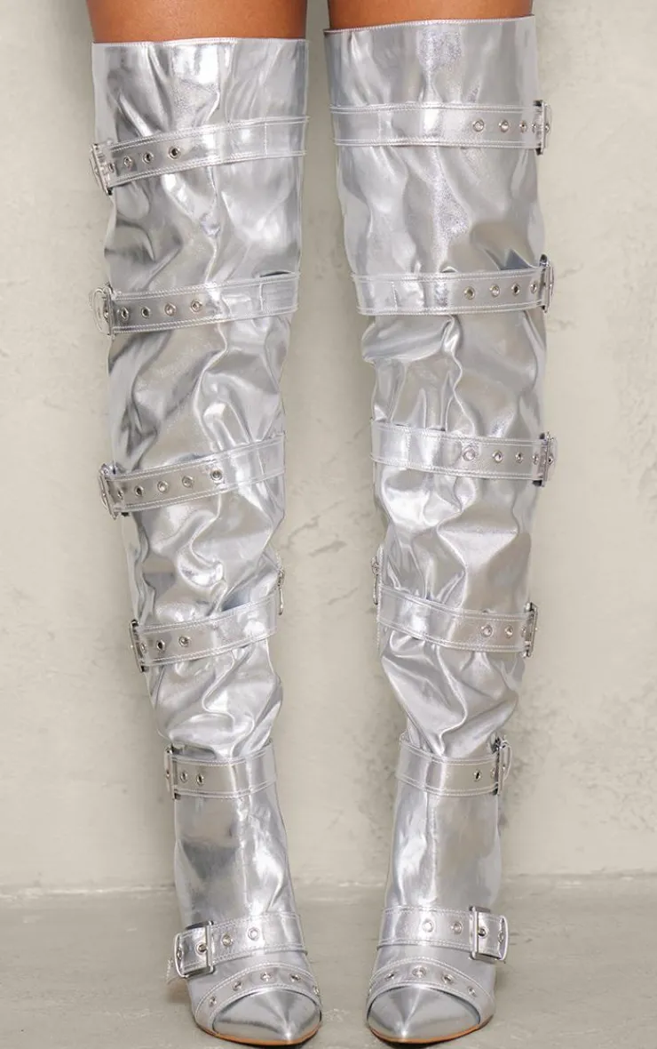 PrettyLittleThing Statement Heels*Pu Point Toe Buckled Over The Knee Heeled Boots
