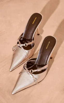 PrettyLittleThing Mules*Pu Point Toe Buckle Strap Heeled Mules