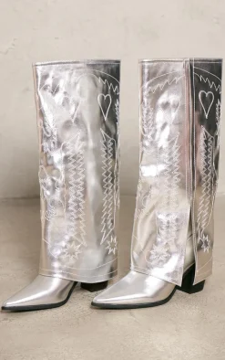 PrettyLittleThing Knee High Boots*Pu Point Toe Fold Over Split Hem Knee High Western Boots