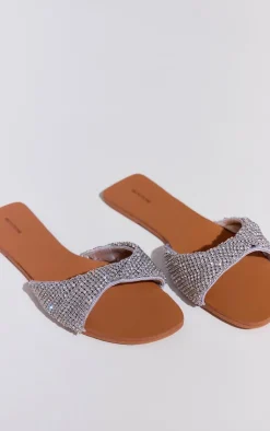 PrettyLittleThing Flat Sandals*Pu Round Toe Diamante Strap Flat Sandals