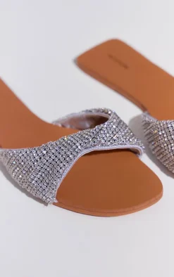 PrettyLittleThing Flat Sandals*Pu Round Toe Diamante Strap Flat Sandals