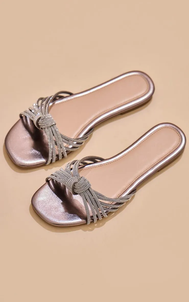 PrettyLittleThing Flat Sandals*Pu Round Toe Diamante Knot Strap Flat Sandals