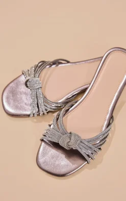 PrettyLittleThing Flat Sandals*Pu Round Toe Diamante Knot Strap Flat Sandals