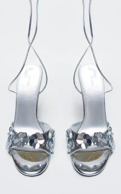 PrettyLittleThing Statement Heels*PU Round Toe Sequin Flower Lace Up Heeled Sandals