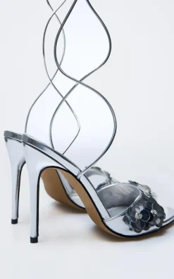 PrettyLittleThing Statement Heels*PU Round Toe Sequin Flower Lace Up Heeled Sandals