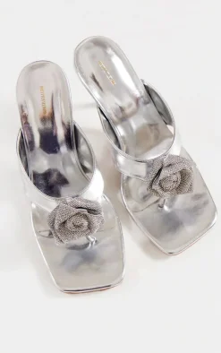 PrettyLittleThing Mules*PU Square Thong Toe Diamante Flower Heeled Mules