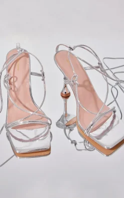 PrettyLittleThing Lace Up Heels*PU Square Toe Cross Strap Lace Up Heeled Sandals