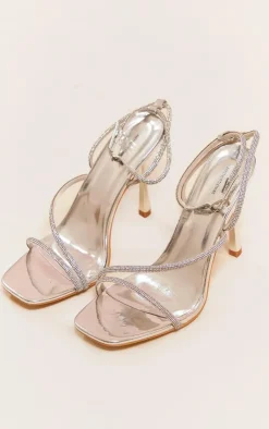 PrettyLittleThing Heeled Sandals*PU Square Toe Diamante Asymmetric Strap Heeled Sandals