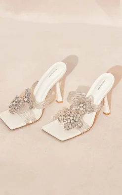 PrettyLittleThing Mules*Pu Square Toe Diamante Flower Heeled Mules