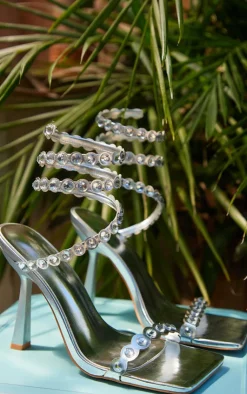 PrettyLittleThing High Heels*PU Square Toe Metallic Crystal Spiral Heeled Sandals