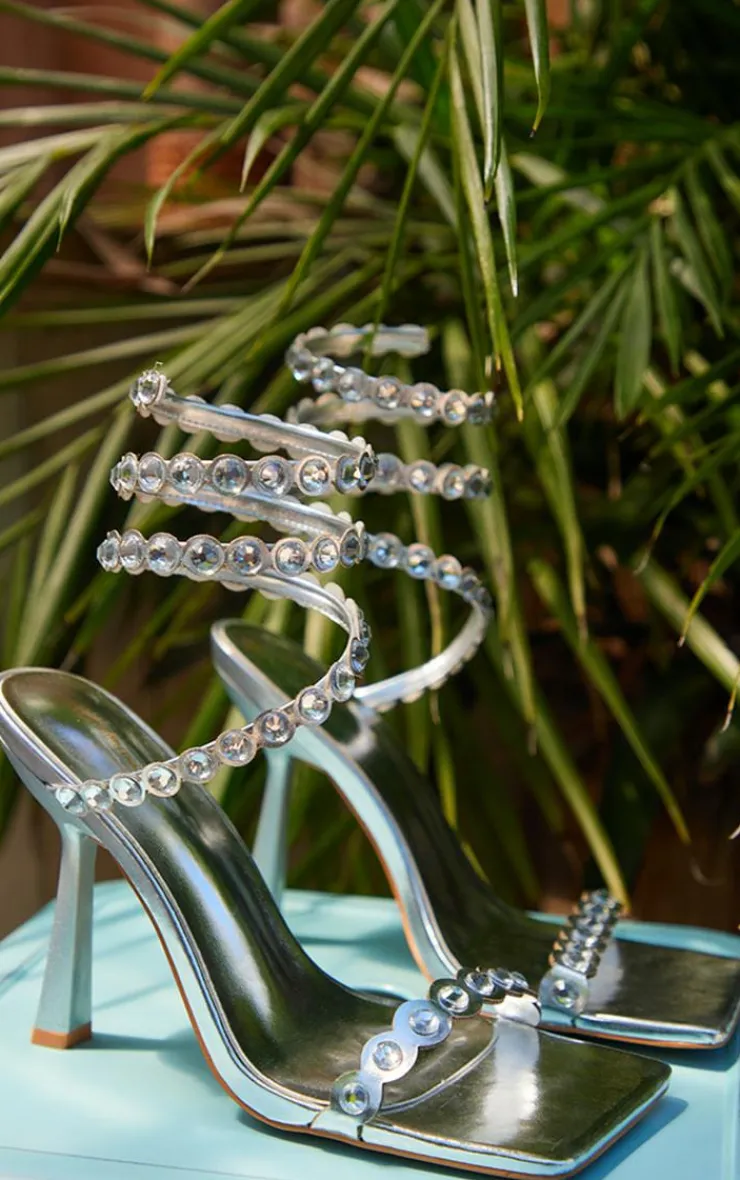 PrettyLittleThing High Heels*PU Square Toe Metallic Crystal Spiral Heeled Sandals