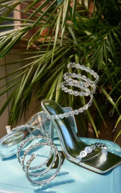 PrettyLittleThing High Heels*PU Square Toe Metallic Crystal Spiral Heeled Sandals