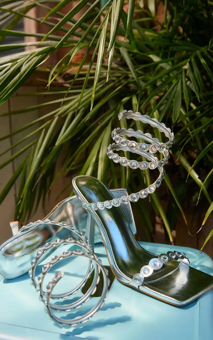 PrettyLittleThing High Heels*PU Square Toe Metallic Crystal Spiral Heeled Sandals