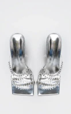 PrettyLittleThing Mules*PU Wide Fit Metallic Square Toe Diamante Strap Heeled Mules