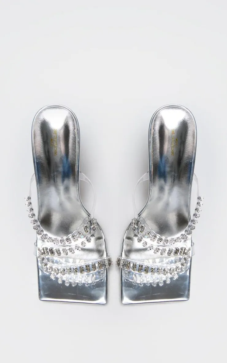 PrettyLittleThing Mules*PU Wide Fit Metallic Square Toe Diamante Strap Heeled Mules