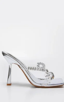 PrettyLittleThing Mules*PU Wide Fit Metallic Square Toe Diamante Strap Heeled Mules
