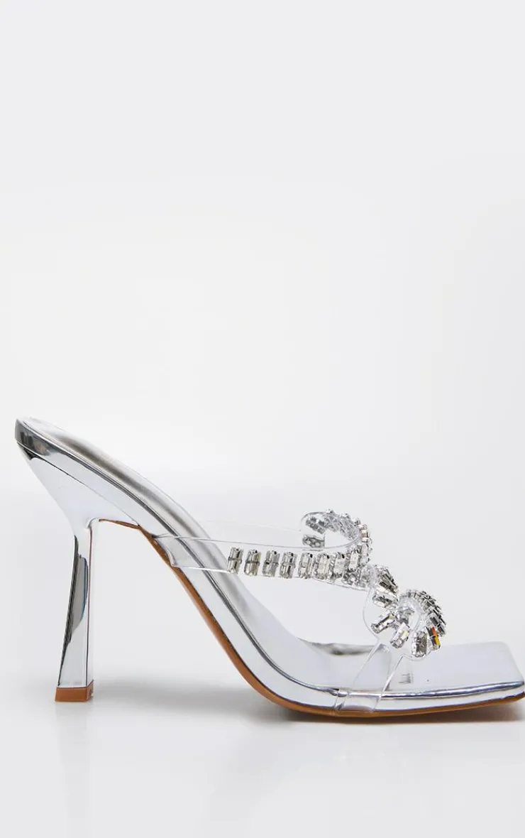 PrettyLittleThing Mules*PU Wide Fit Metallic Square Toe Diamante Strap Heeled Mules