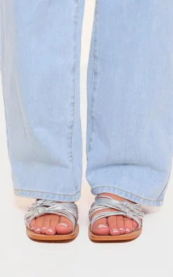 PrettyLittleThing Flat Sandals*Real Leather Square Toe Knotted Strap Flat Sandals