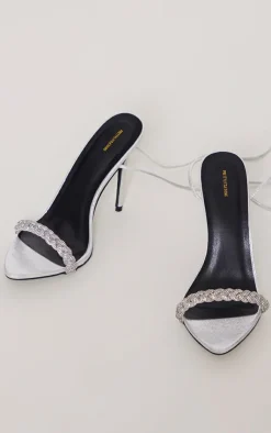 PrettyLittleThing Lace Up Heels*Round Diamante Plaited Strap Barely There Lace Up Sandals
