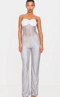 Sequin Bandeau Sheer Panel Jumpsuit-PrettyLittleThing Discount