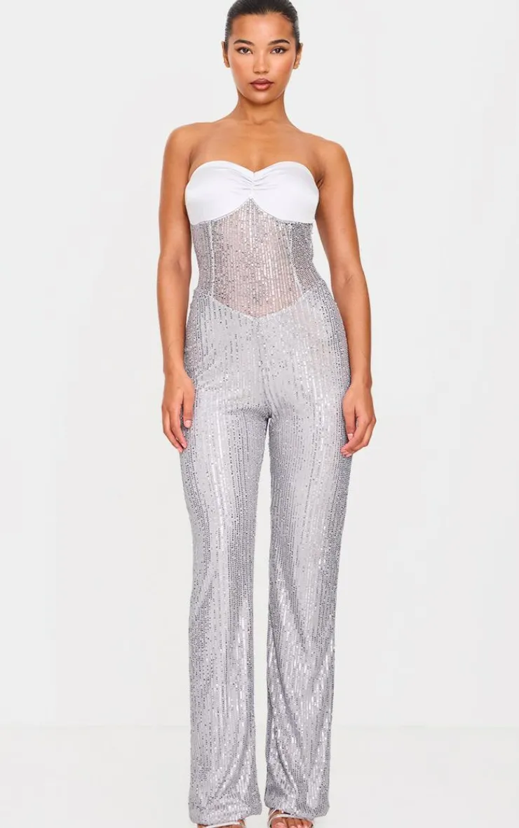 Sequin Bandeau Sheer Panel Jumpsuit-PrettyLittleThing Discount