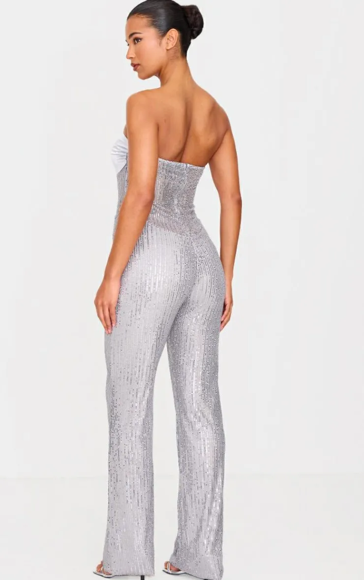 Sequin Bandeau Sheer Panel Jumpsuit-PrettyLittleThing Discount