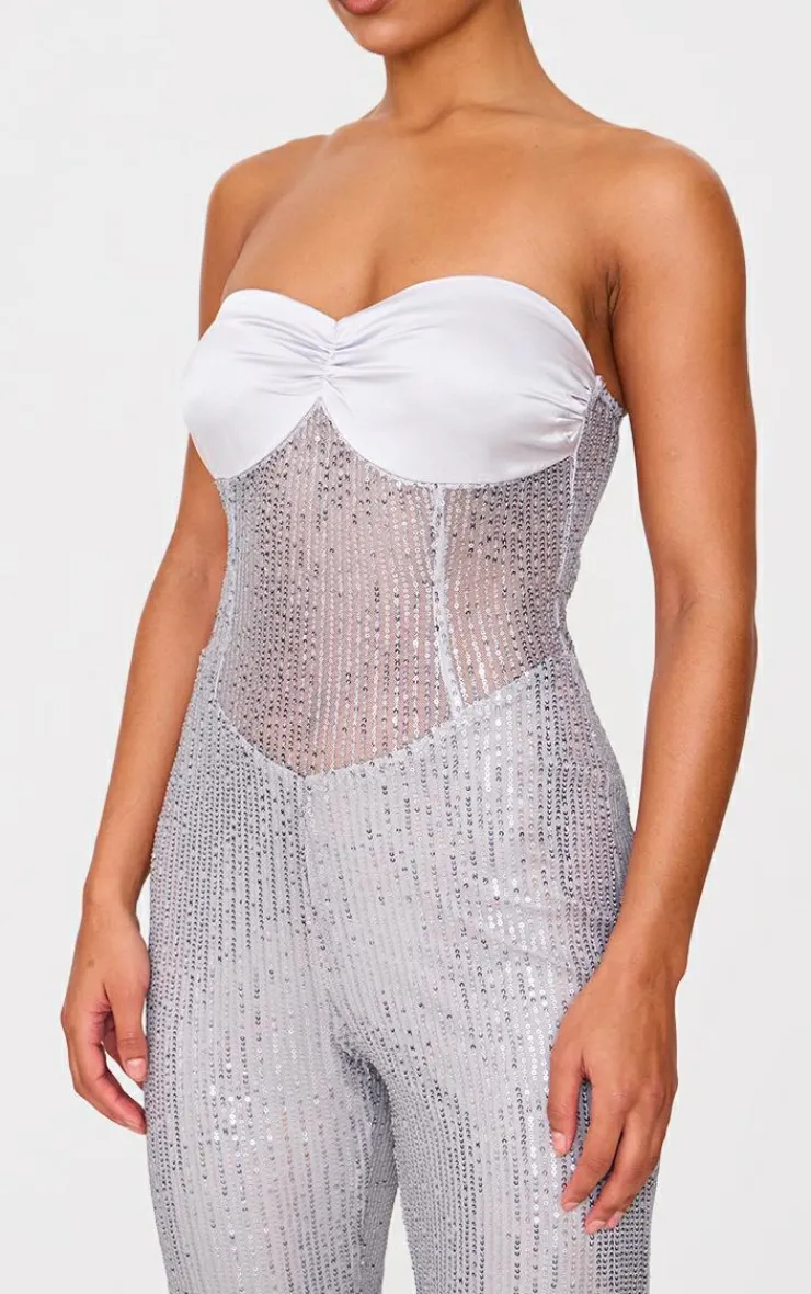 Sequin Bandeau Sheer Panel Jumpsuit-PrettyLittleThing Discount