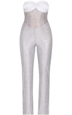 Sequin Bandeau Sheer Panel Jumpsuit-PrettyLittleThing Discount