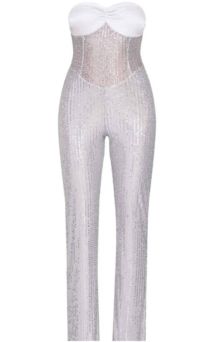 Sequin Bandeau Sheer Panel Jumpsuit-PrettyLittleThing Discount