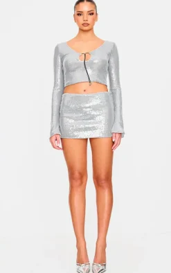 Hot PrettyLittleThing Sequin Bodycon Micro Mini Skirt Silver