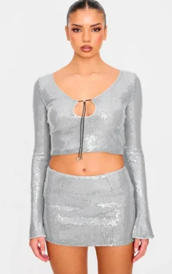 Hot PrettyLittleThing Sequin Bodycon Micro Mini Skirt Silver
