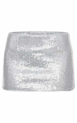 Hot PrettyLittleThing Sequin Bodycon Micro Mini Skirt Silver