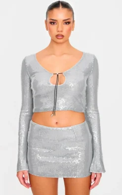 PrettyLittleThing Sequin Long Sleeve Tie Front Top Silver