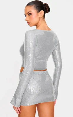 PrettyLittleThing Sequin Long Sleeve Tie Front Top Silver