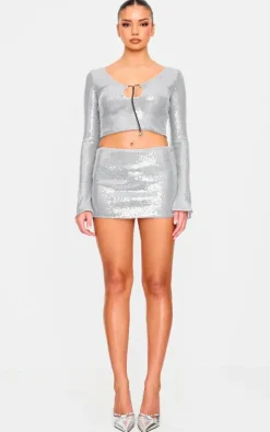 PrettyLittleThing Sequin Long Sleeve Tie Front Top Silver