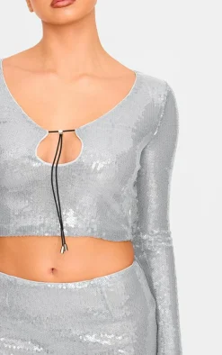 PrettyLittleThing Sequin Long Sleeve Tie Front Top Silver