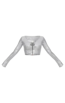 PrettyLittleThing Sequin Long Sleeve Tie Front Top Silver