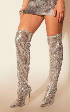 PrettyLittleThing Over The Knee Boots*Sequin Point Toe Over The Knee Heeled Boots