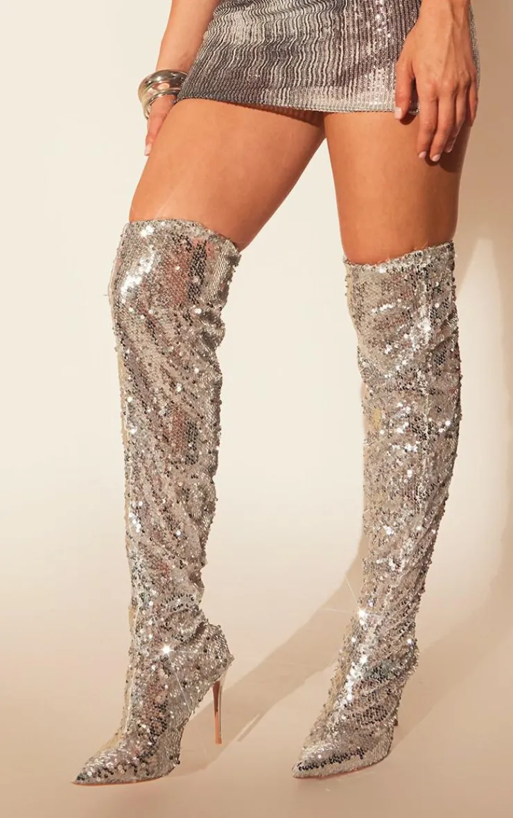 PrettyLittleThing Over The Knee Boots*Sequin Point Toe Over The Knee Heeled Boots
