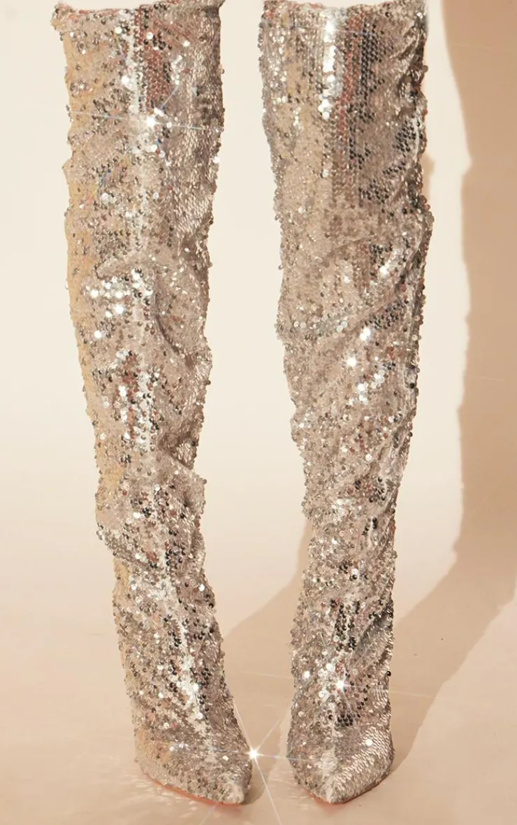 PrettyLittleThing Over The Knee Boots*Sequin Point Toe Over The Knee Heeled Boots