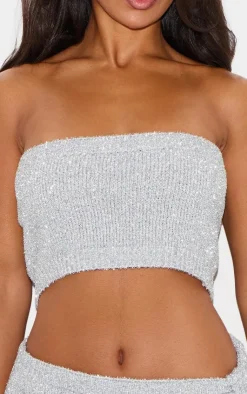 New PrettyLittleThing Tinsel Knit Bandeau Top Silver