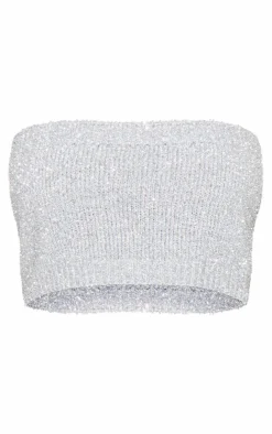 New PrettyLittleThing Tinsel Knit Bandeau Top Silver