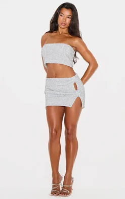Online PrettyLittleThing Tinsel Knit Bow Detail Mini Skirt Silver